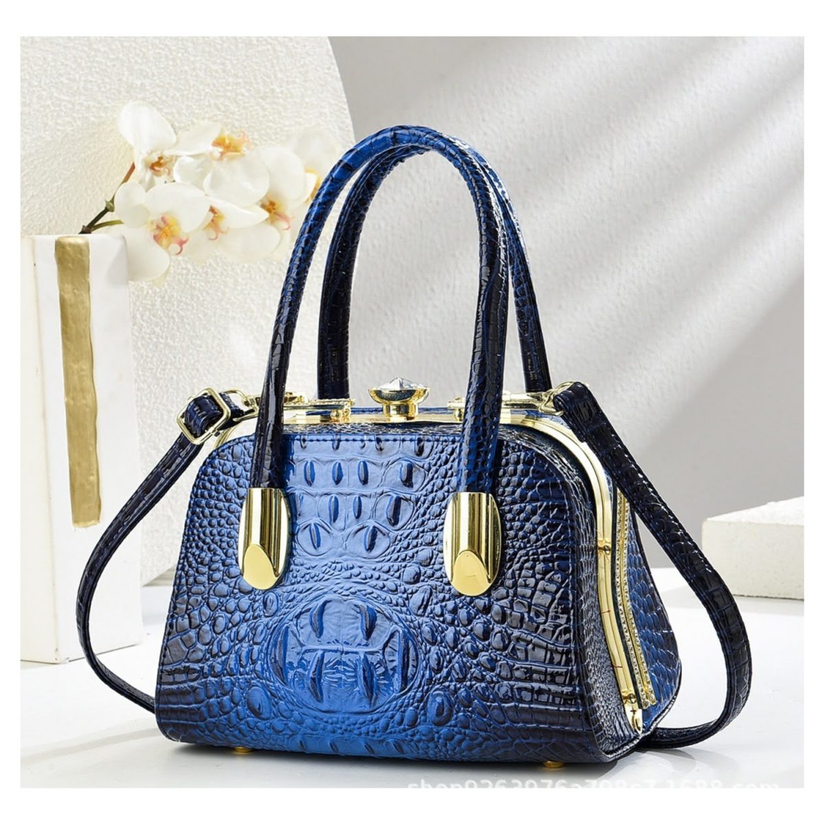 Crocodile Pattern Diamante Clasp Top Handle Patent Bag
